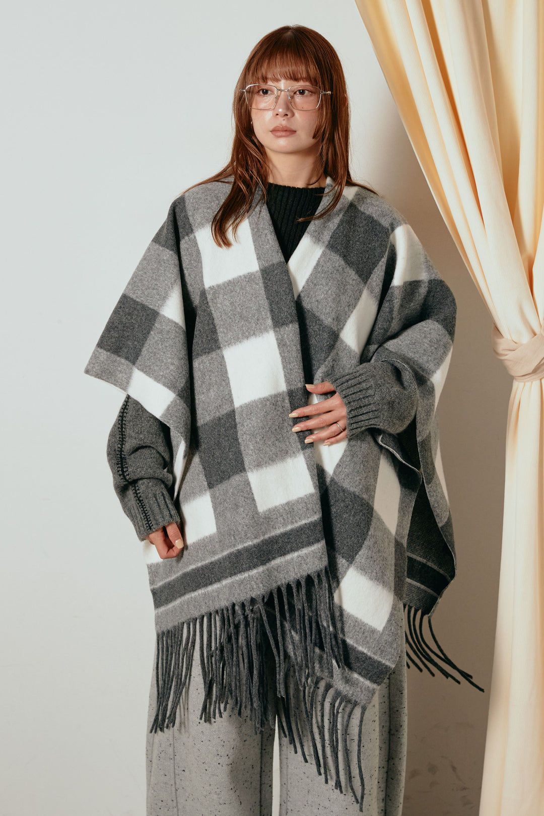 [SET]裾フリンジ柄ポンチョアウター+ノースリーブニットロングワンピース(2set)