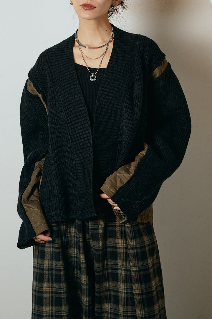 キルティング切り替えニットカーディガン