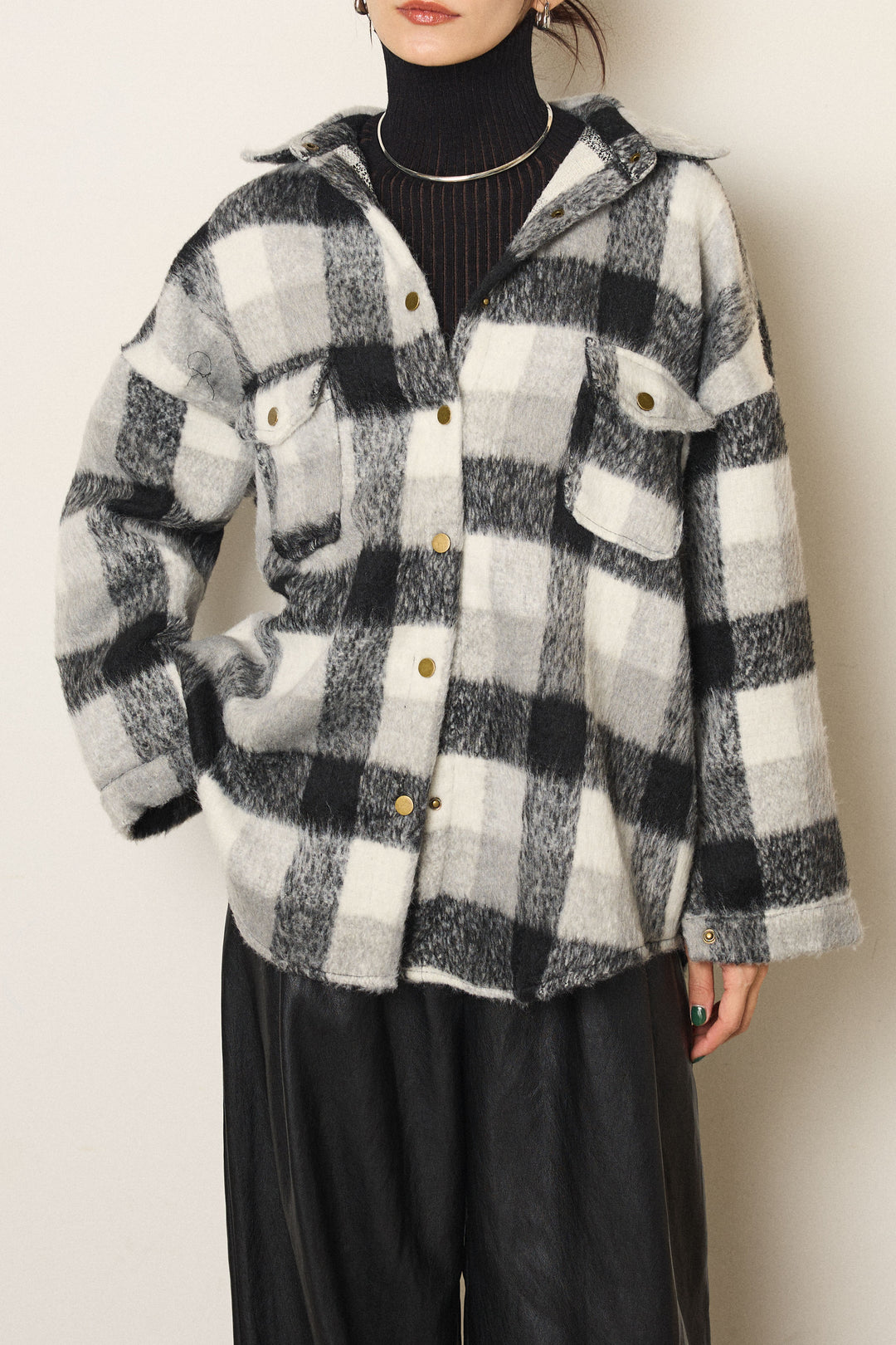 [SET]起毛チェック柄ポケットアウター+起毛ノースリーブニットロングワンピース(2set)