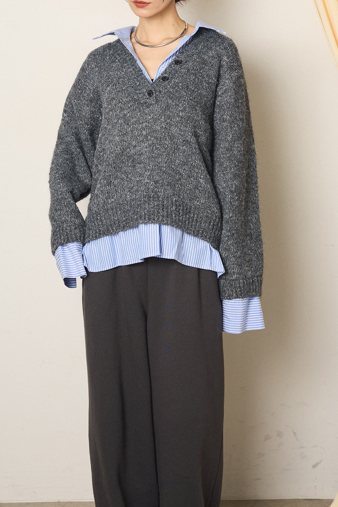 ストライプシャツドッキングニットポロトップス