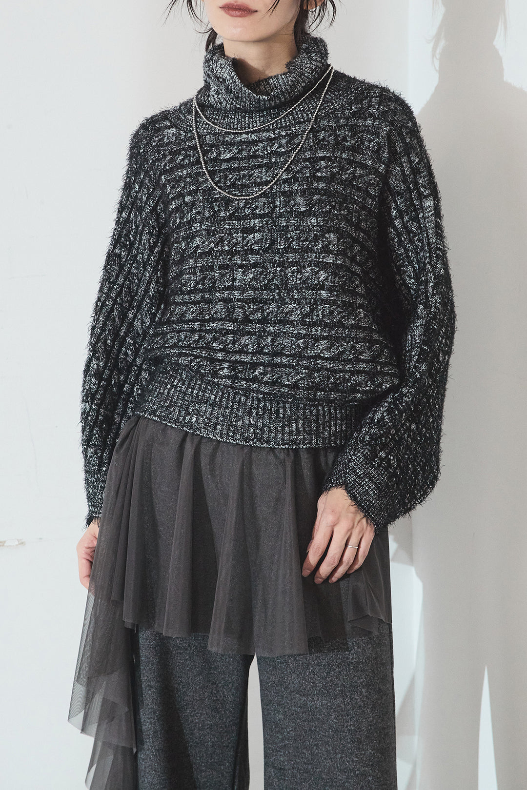 [SET]ミックス編みドルマンニットトップス+ベルト付きレザーライクタックパンツ(2set)