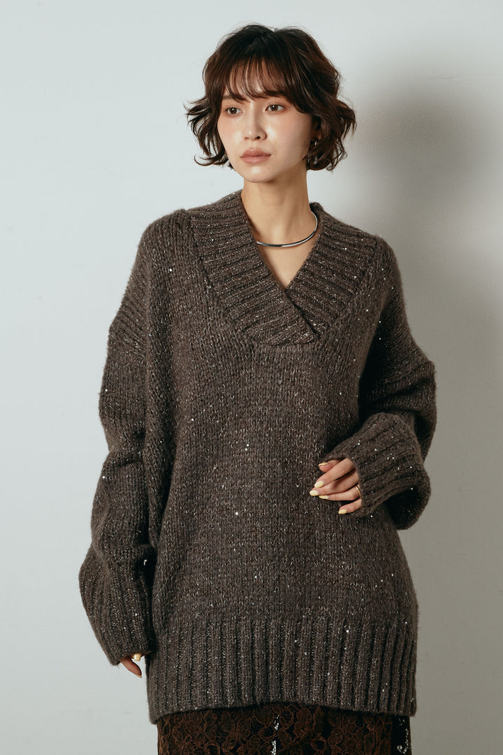 [SET]Vネックラメニットトップス+裏起毛スウェットワイドパンツ+レース切り替えキャミソール(3set)