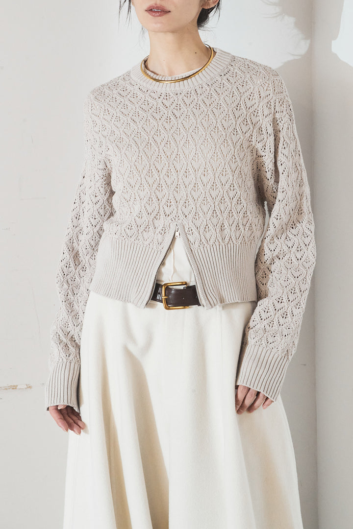 [SET]透かし編みニットジップスリットプルオーバー+ウールタッチカーブワイドパンツ(2set)