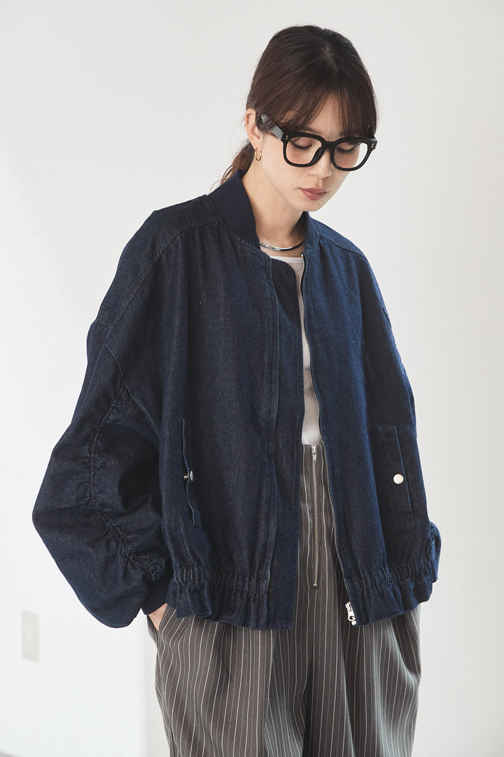 [SET]袖シャーリング裾フリルデニムブルゾン+レオパードサテンナロースカート(2set)