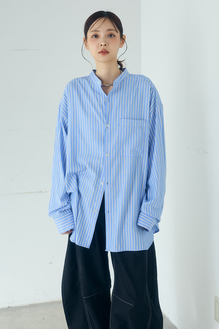 [SET]レーヨンストライプスカーフ+麻混タックワイドパンツ+レーヨンストライプバンドカラー長袖シャツ(3set)