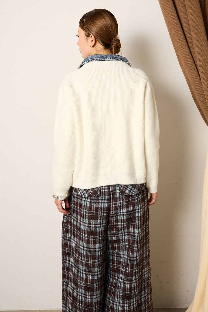 [SET]デニム襟ダブルジップニットトップス+ベルトループコーデュロイワイドパンツ(2set)