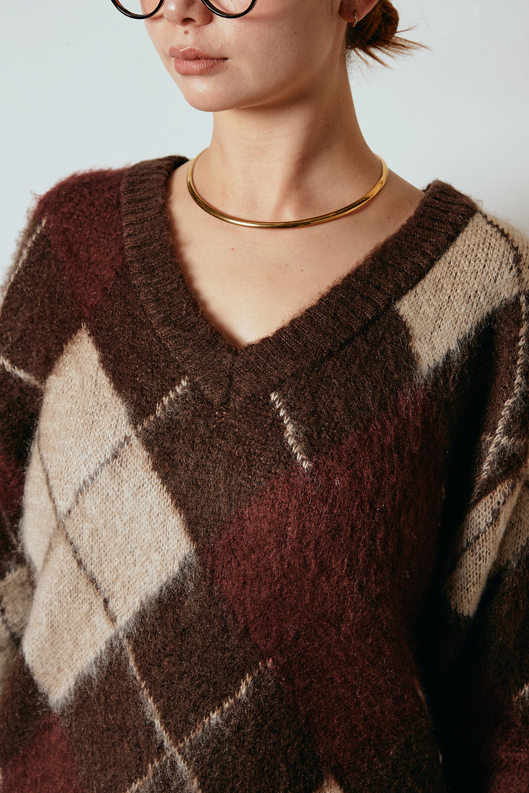 [SET]アクリルモヘアアーガイルVネックプルオーバー+裏起毛スウェットロングマキシスカート(2set)