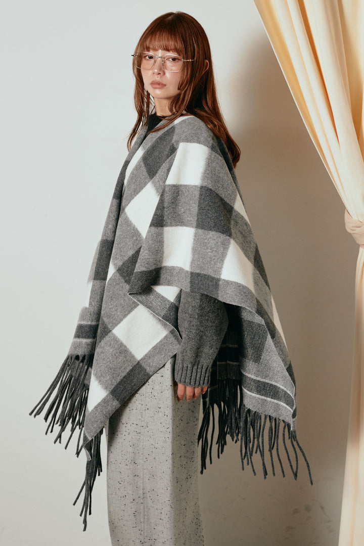 [SET]裾フリンジ柄ポンチョアウター+ノースリーブニットロングワンピース(2set)