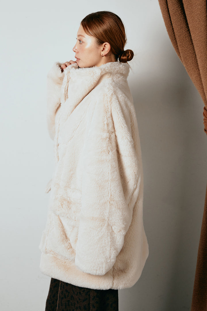 [SET]スタンドネックファーコート+フェイクレザー太ベルト付きタックワイドパンツ(2set)