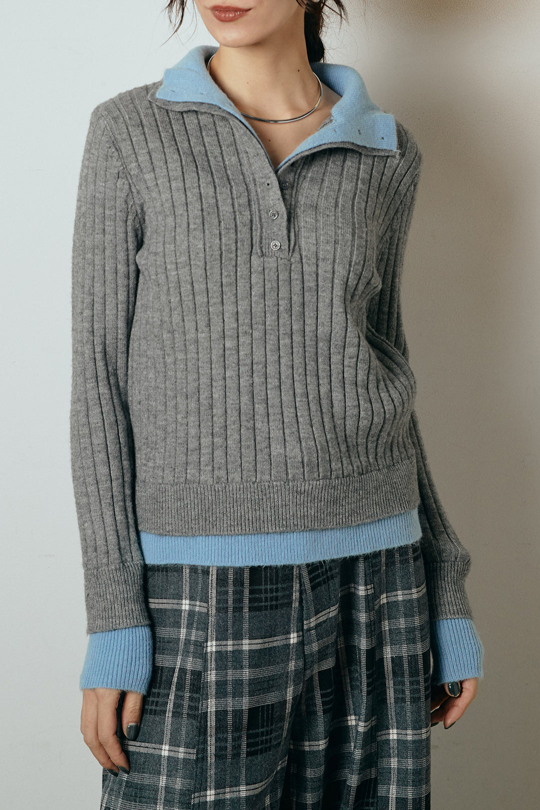 [SET]レイヤード風リブニットトップス+太ベルト付きヘリンボーンプリーツスカート(2set)