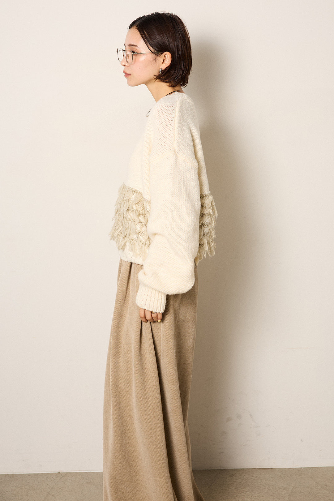 [SET]ループ編み切り替えニットプルオーバー+ベルトループコーデュロイワイドパンツ(2set)