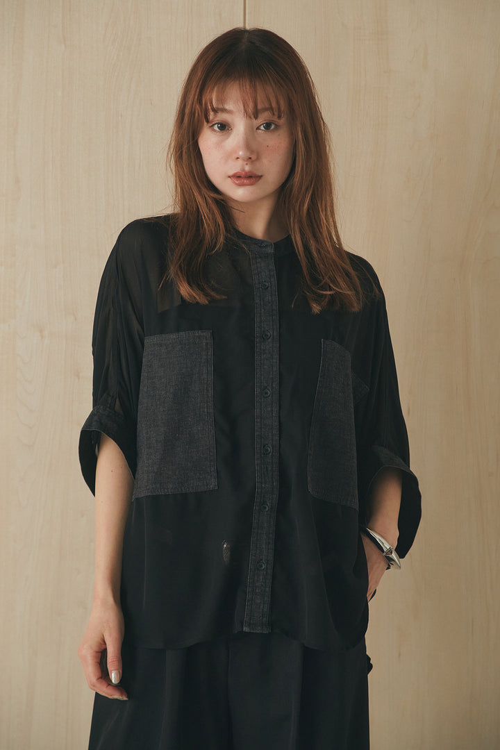 [SET]デニムライクビッグツーポケシアーシャツ+ベルトループデザインハイウエストタックパンツ(2set)