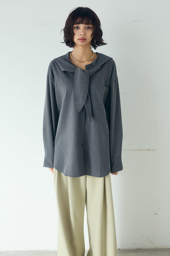 [SET]無地タイ付フーディーBIGシャツ+サイドベルトタック入りスラックス(2set)