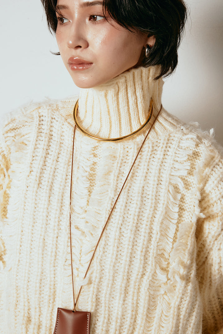 [SET]フリンジタートルショートニット+レザーライク配色ストライプパンツ(2set)