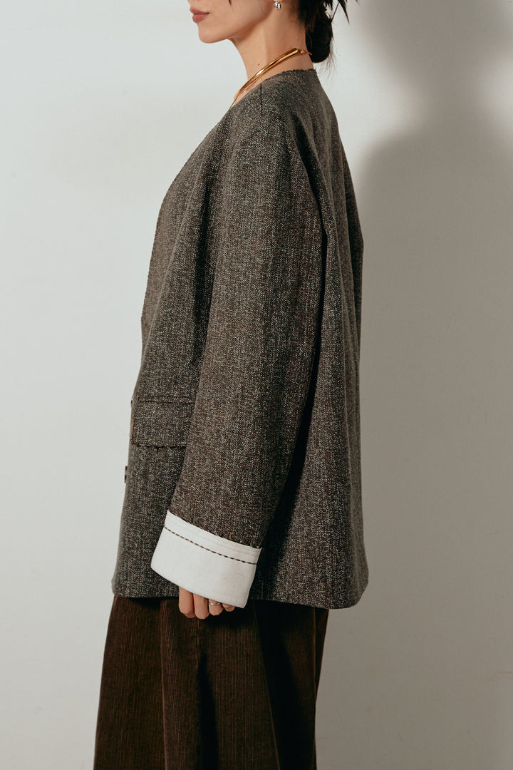 ノーカラーダブルボタンツイードジャケット
