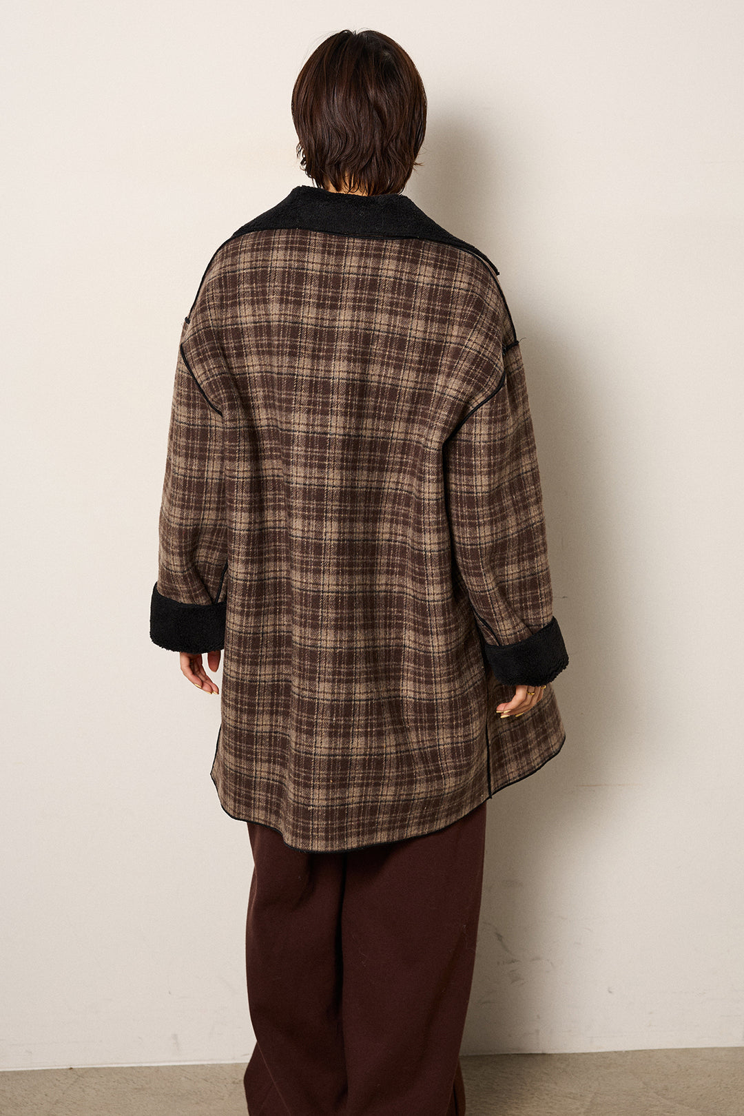 裏地ボアタータンチェック柄ミディアムコート