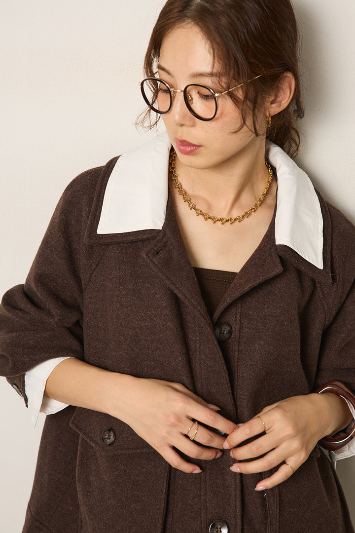 [SET]衿レイヤードフェイクウールジャケット+ウールライクチェックタックパンツ(2set)