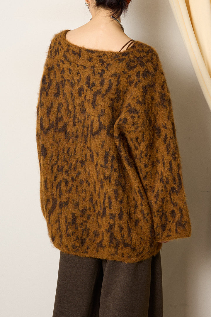 [SET]フラッフィーレオパードシャギーニット+ロープベルト付きスウェード調スカート(2set)