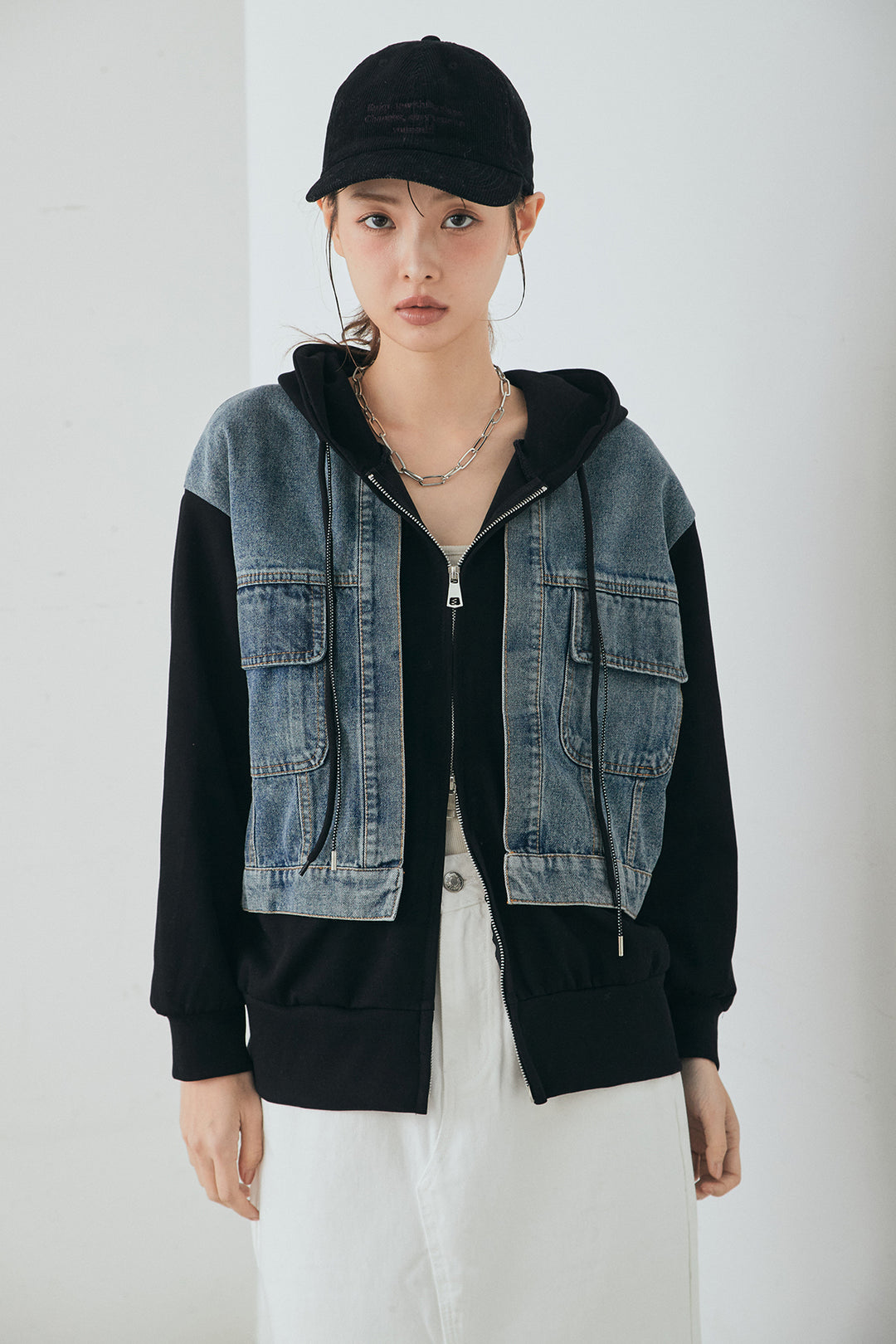 [SET]デニム切替ポンチダブルジップパーカー+裾レースデザインデニムスカート(2set)