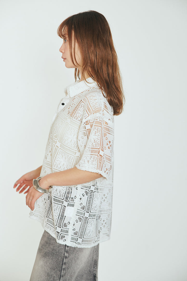 [SET]クロシェレースハーフスリーブシャツ+サテン切り替えデニムスカート(2set)