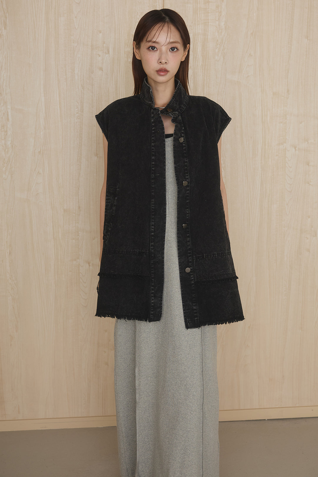 [SET]ケミカルデニムヘムカットオフジレ+ノースリロングワンピース(2set)