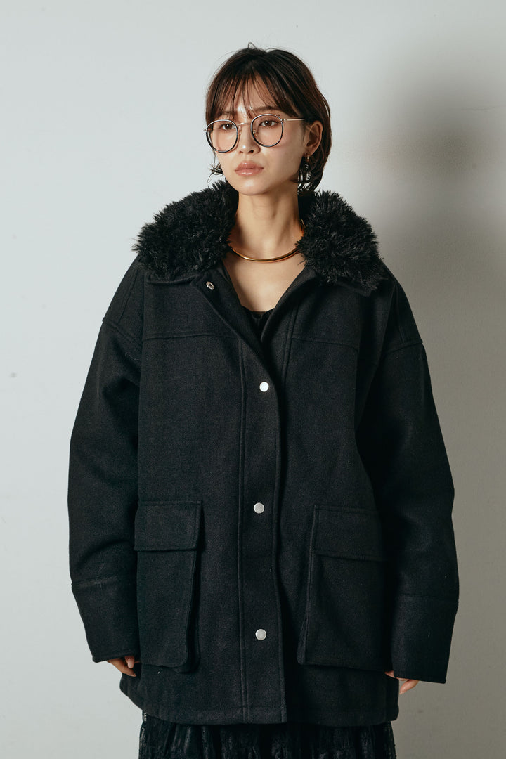 [SET]エコウール衿ファー薄中綿入りミドルカバーオール+ひげレース切替ロング丈スカート(2set)