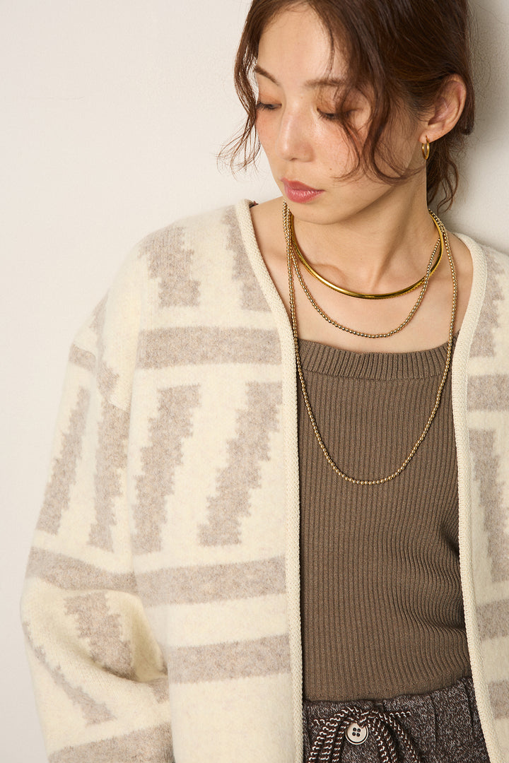 幾何学柄ノーカラーカーディガン