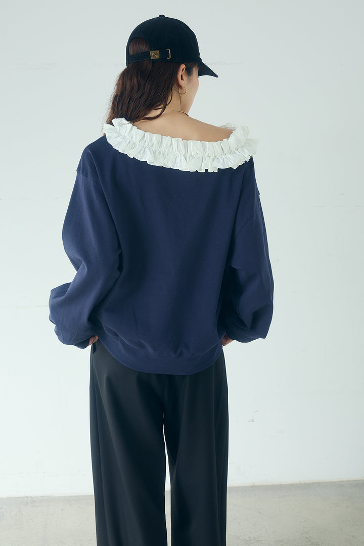 [SET]ネックギャザーフリルスウェット+ランダムタックデザインワイドパンツ(2set)