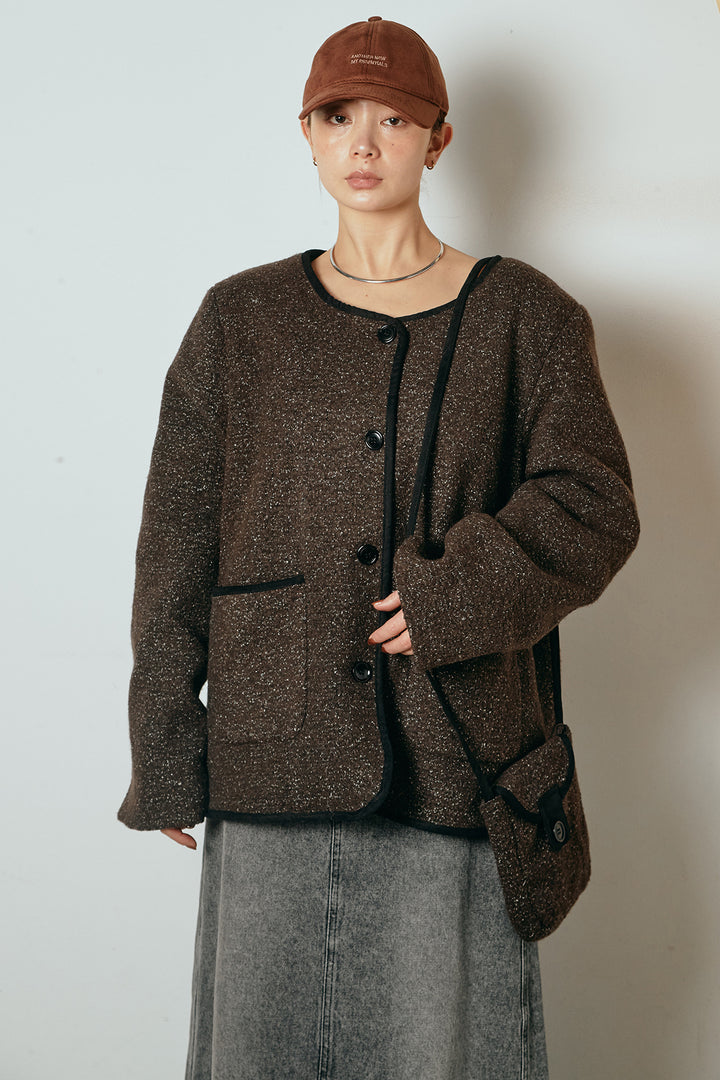 [SET]ノーカラーマフラーバッグ付きアウター+花柄刺繍ベロアフレアスカート(2set)