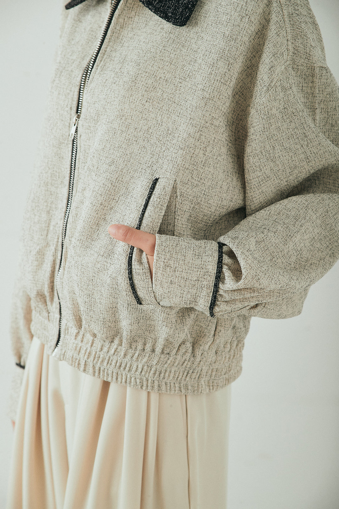 [SET]ツイード配色パイピングブルゾン+ベルト付きタックデザインハイウエストロングパンツ(2set)