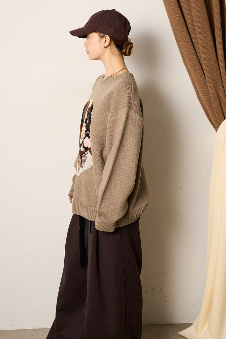 [SET]アニマルジャガード柄ニットトップス+巻ベルトウエストレザーライクワイドパンツ(2set)