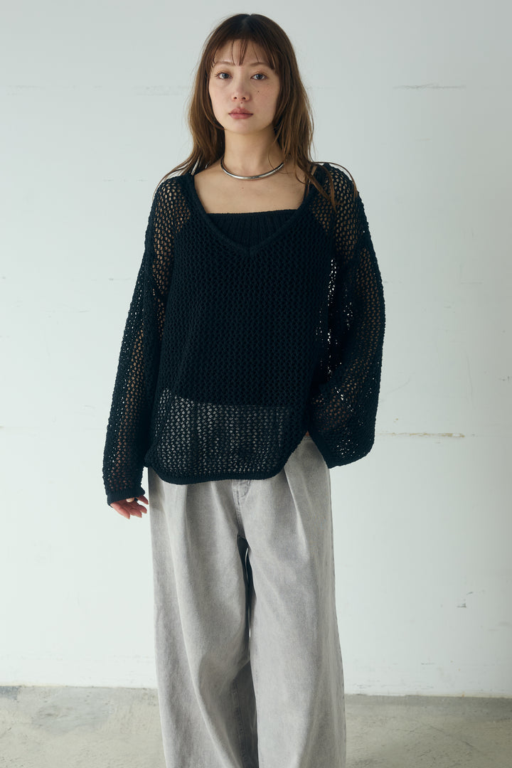 メッシュ編みビスチェセットVネックプルオーバー