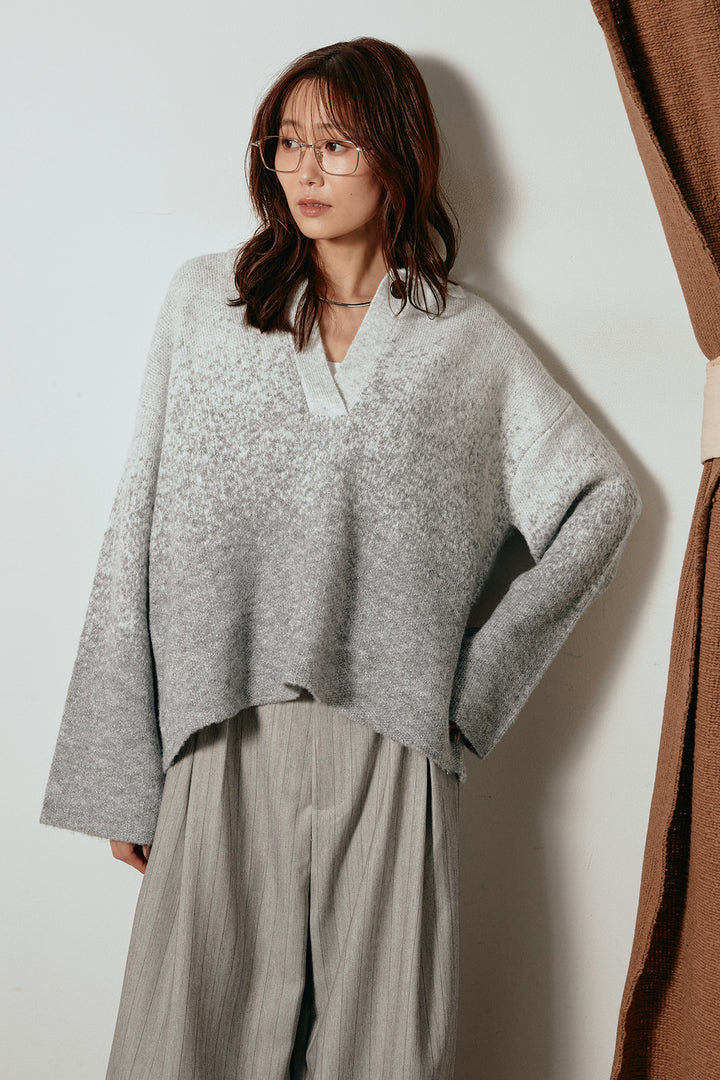 [SET]グラデーションラメニットキーネックプルオーバー+フロントタック入りコーデュロイパンツ(2set)