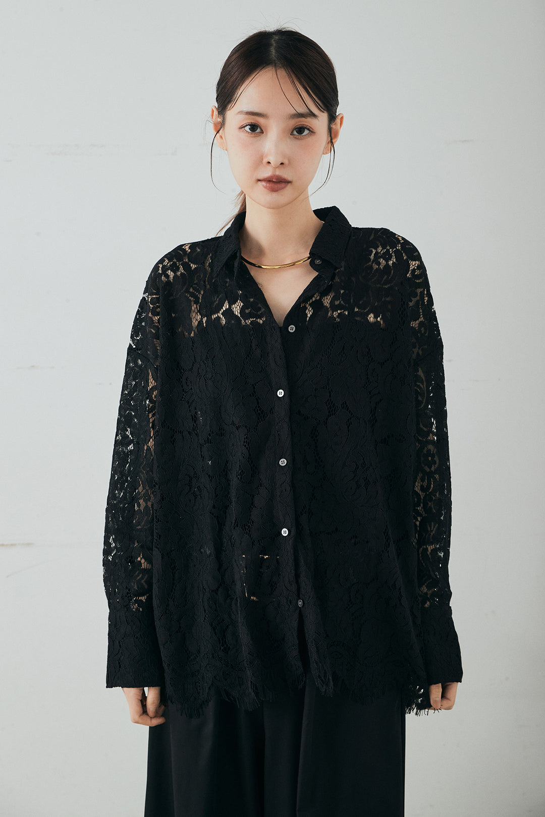 [SET]レース裾スカラップシャツ+ベルトループデザインハイウエストタックパンツ(2set)