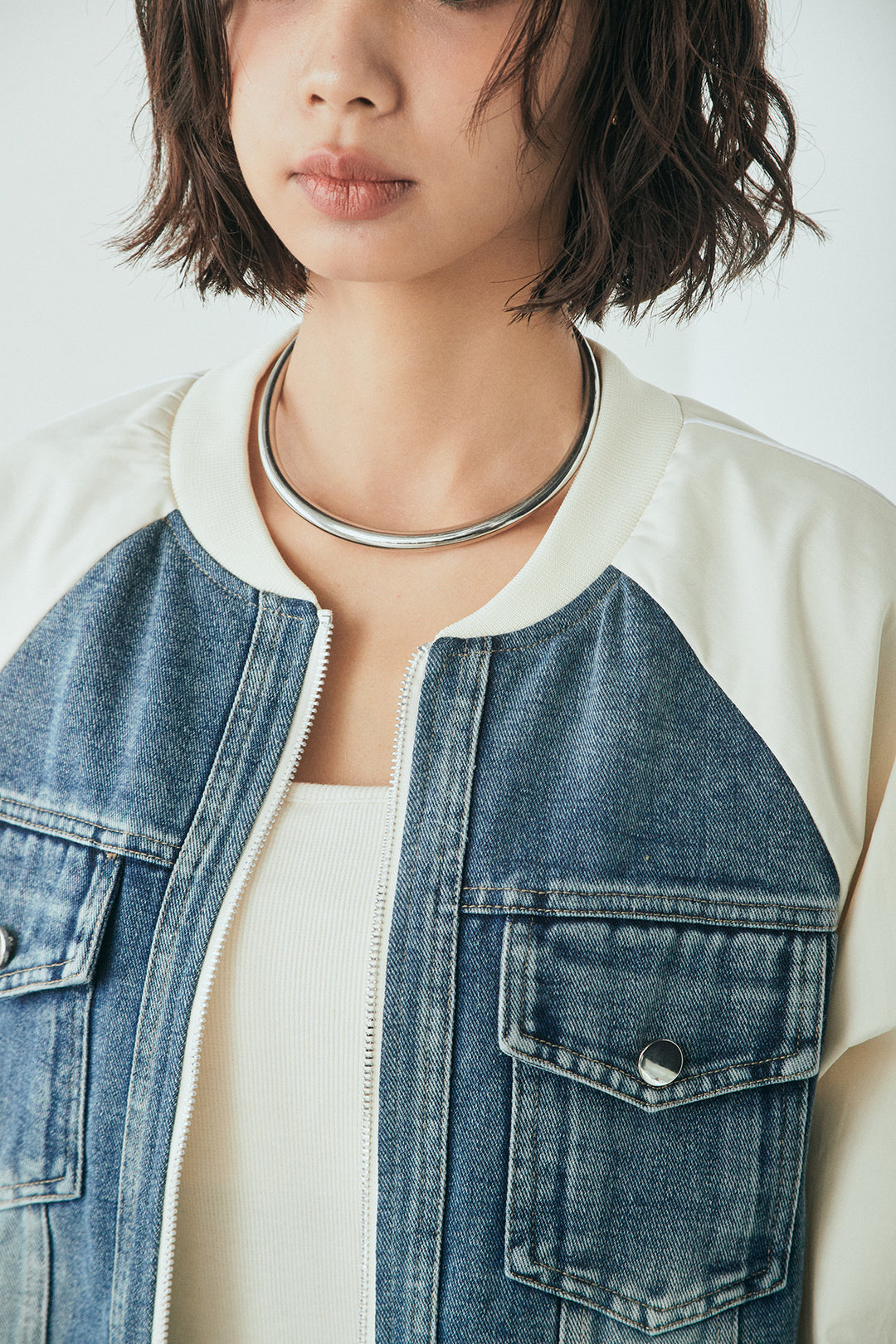 [SET]ナイロンデニムドッキングブルゾン+テンセルデニムイージーワイドパンツ(2set)