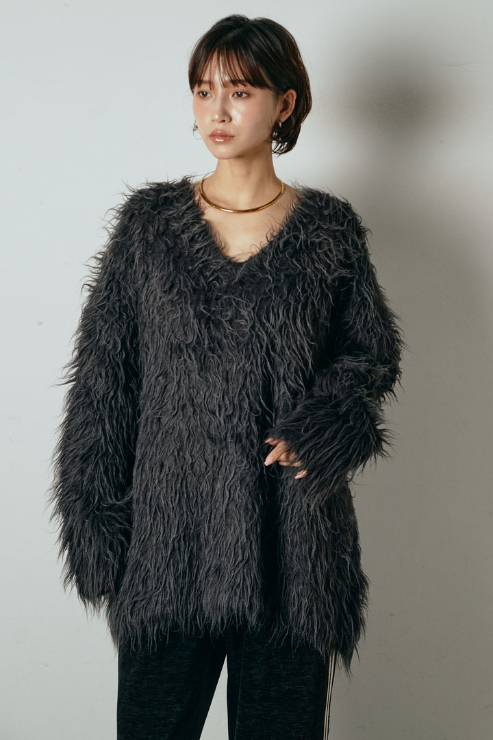 [SET]深Vネックシャギーニットトップス+フラワー刺繍ワイドスカート(2set)