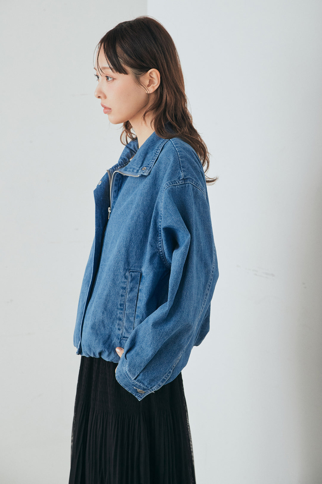 [SET]スタンドカラーデニムブルゾンジャケット+ボリュームシルエットチュールスカート(2set)