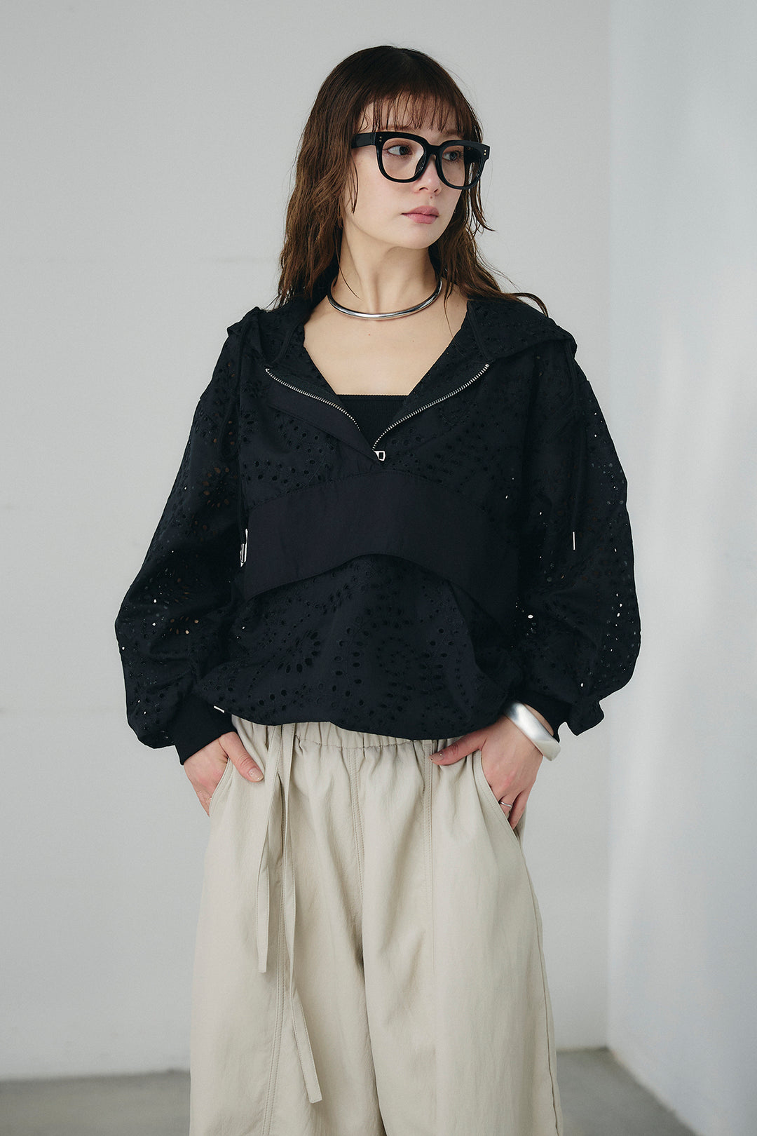 [SET]レースハーフジップアップフーディー+バイアスナローサテンスカート(2set)