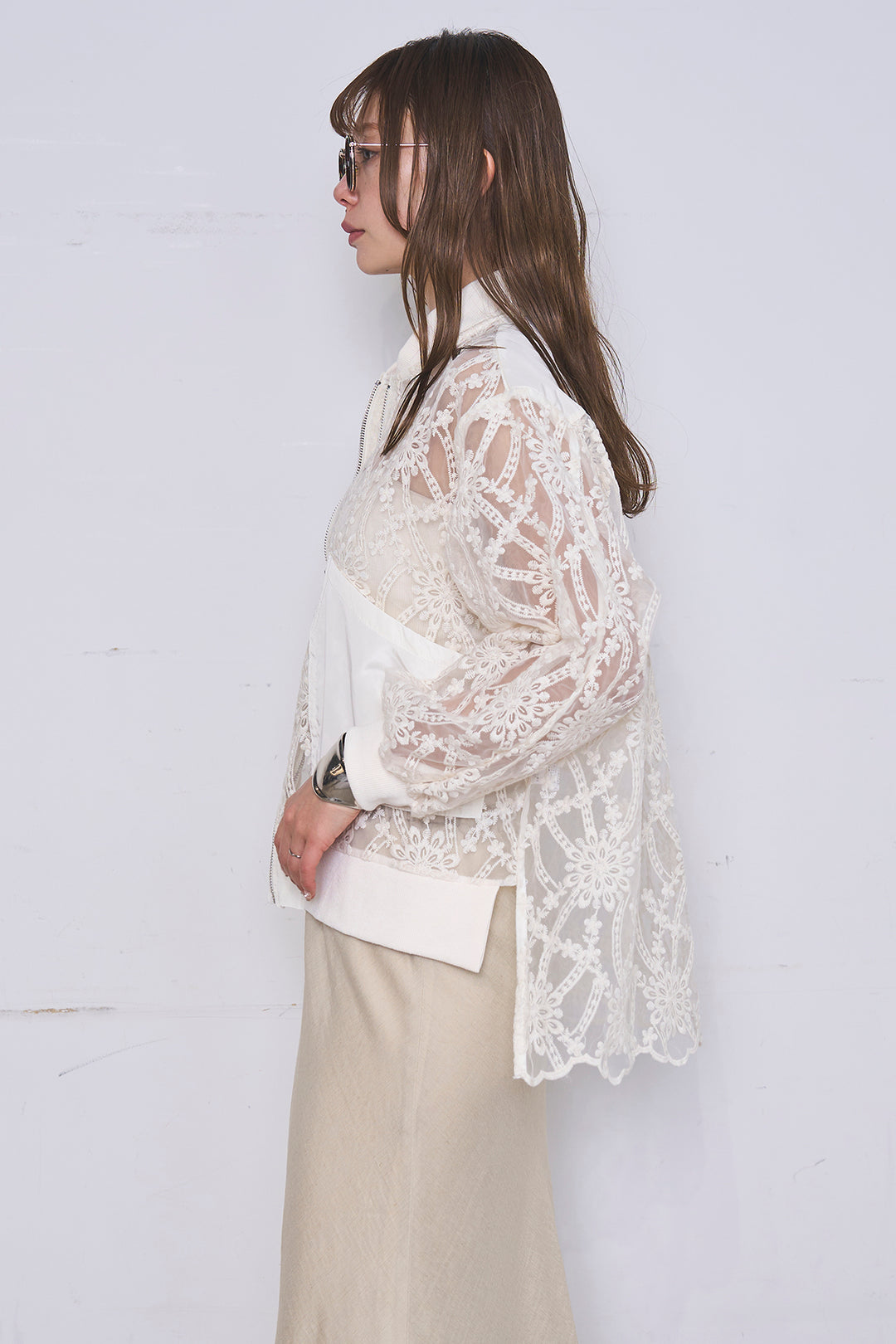 [SET]ノーカラーレースブルゾン+リネンブレンドロングナロースカート(2set)