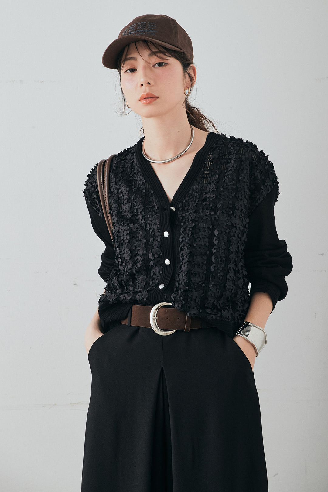 [SET]モコレースVネックカーディガン+太ベルト付きフロントタックパンツ(2set)