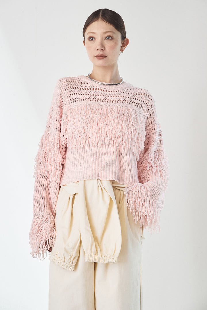 [SET]メッシュフリンジ切り替えプルオーバー+サテンタックワイドパンツ(2set)