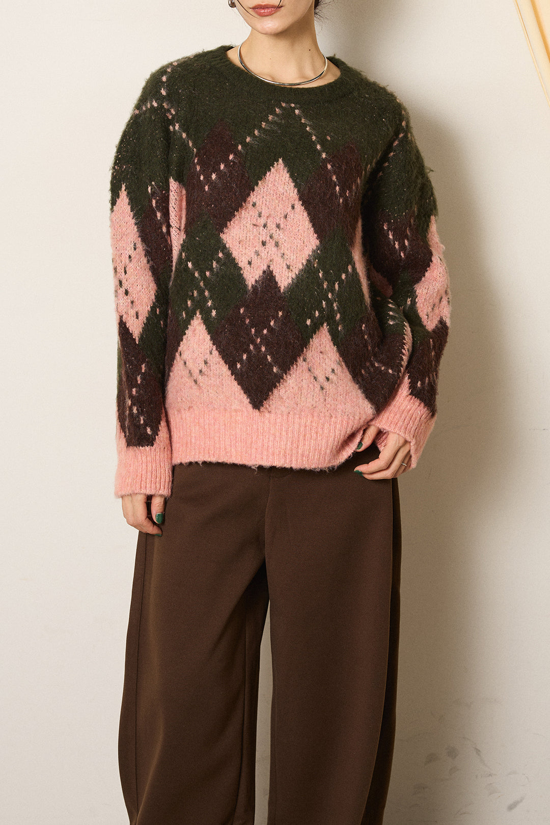 [SET]配色アーガイル柄ニットトップス+編みベルト付きワイドパンツ(2set)