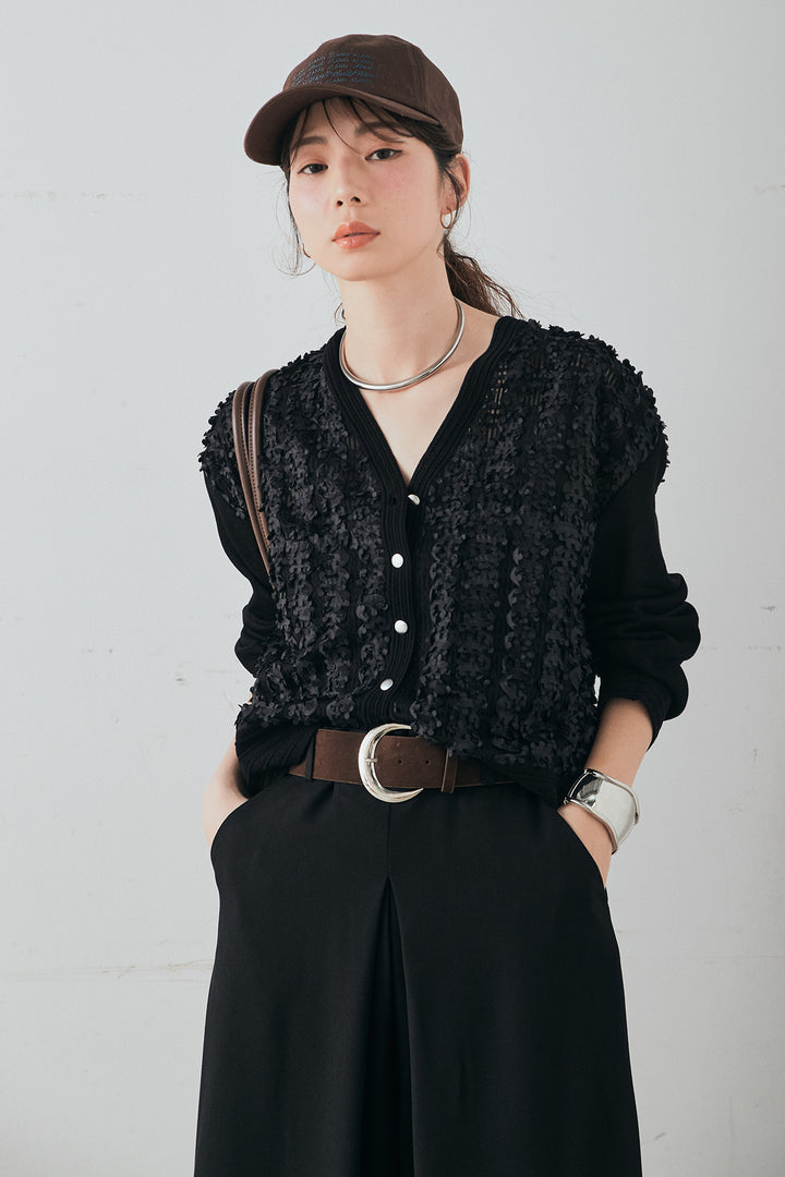 [SET]モコレースVネックカーディガン+カットダンボールウエストフリルカーブパンツ(2set)