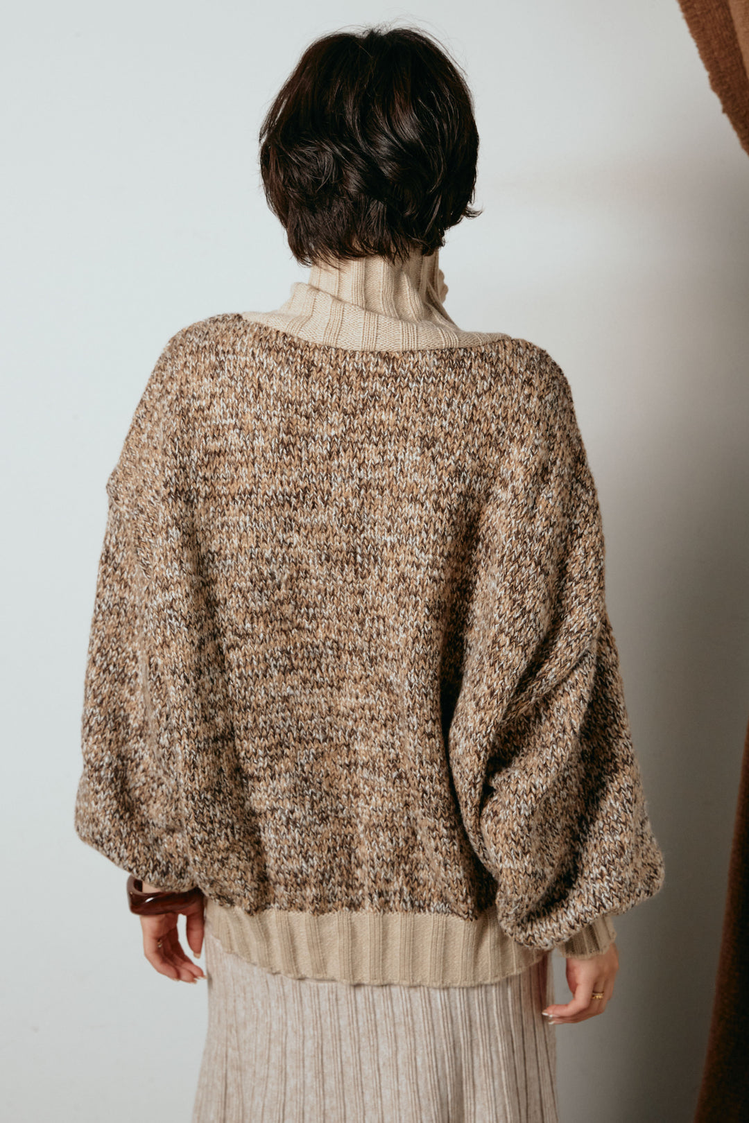 [SET]ハイネックミックスニットカーディガン+ウールライクストライプパンツ(2set)