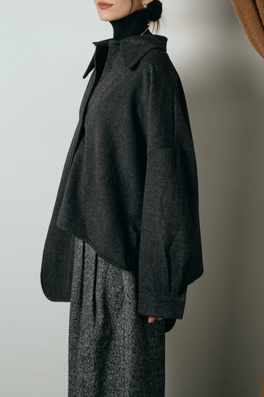 [SET]裾アシンメトリーデザインシャツ+タックツイードワイドパンツ+リブニットシームレスタートルプルオーバー(3set)