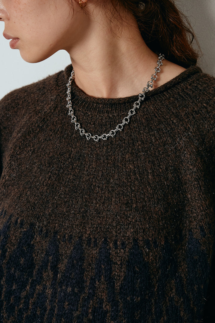 [SET]モノトーン柄ニットトップス+花柄刺繍ベロアフレアスカート(2set)