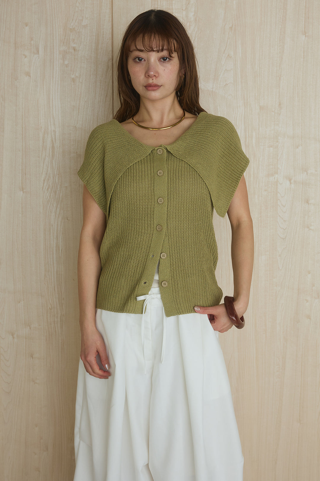 [SET]ビッグカラーボタンニットトップス+ベルト付きカラーデニムパンツ(2set)