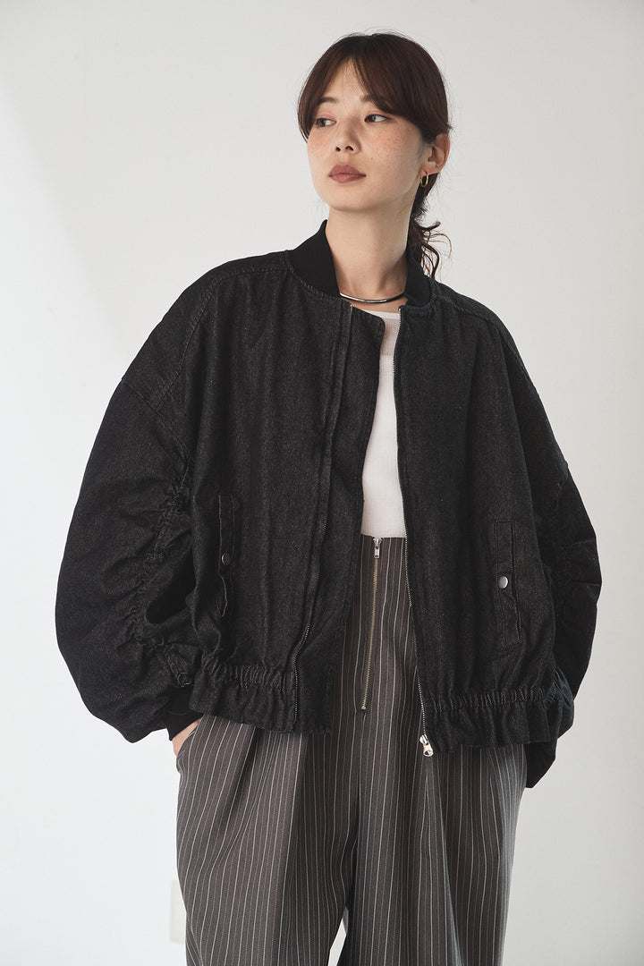 [SET]袖シャーリング裾フリルデニムブルゾン+レオパードサテンナロースカート(2set)