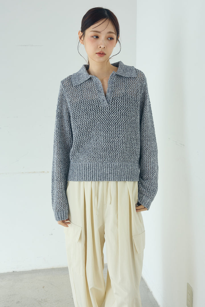 [SET]ミックスメッシュポロニット+麻混タックワイドパンツ(2set)