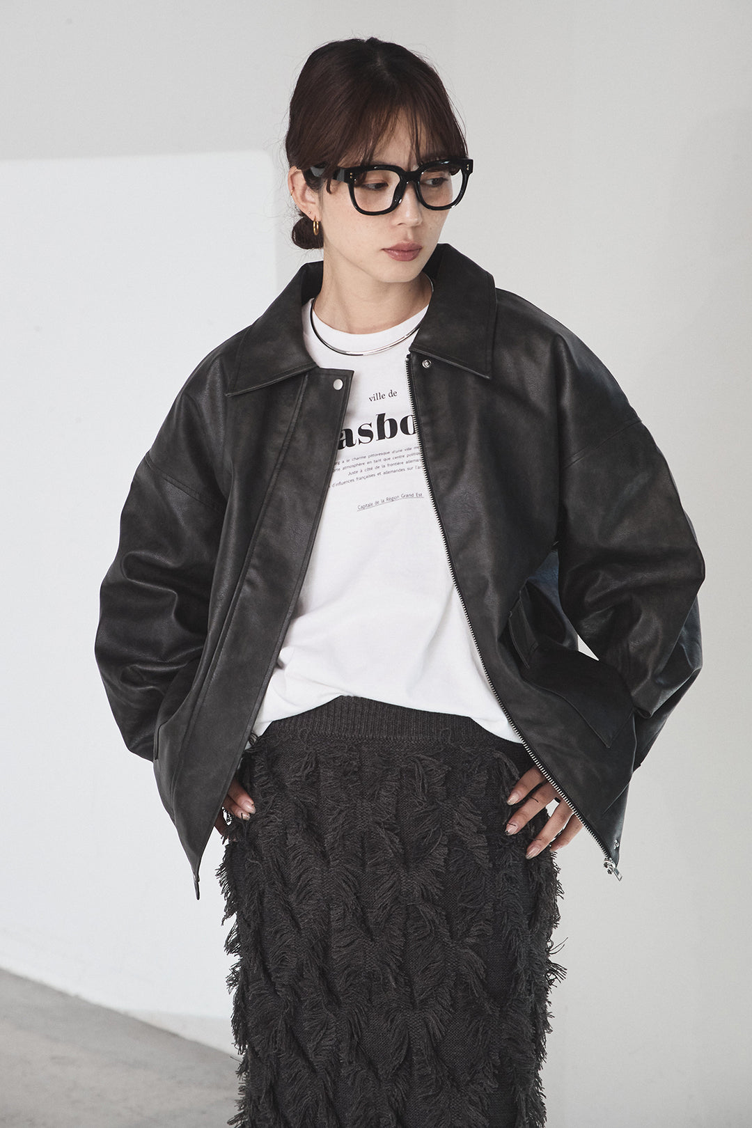 [SET]レザーライクオーバーサイズブルゾン+レオパードサテンナロースカート(2set)